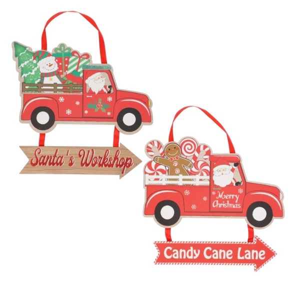 NWT Wooden Glitter Merry Christmas Santa Truck Candy Cane Lane➡️ Decoration Sign - Picture 12 of 12